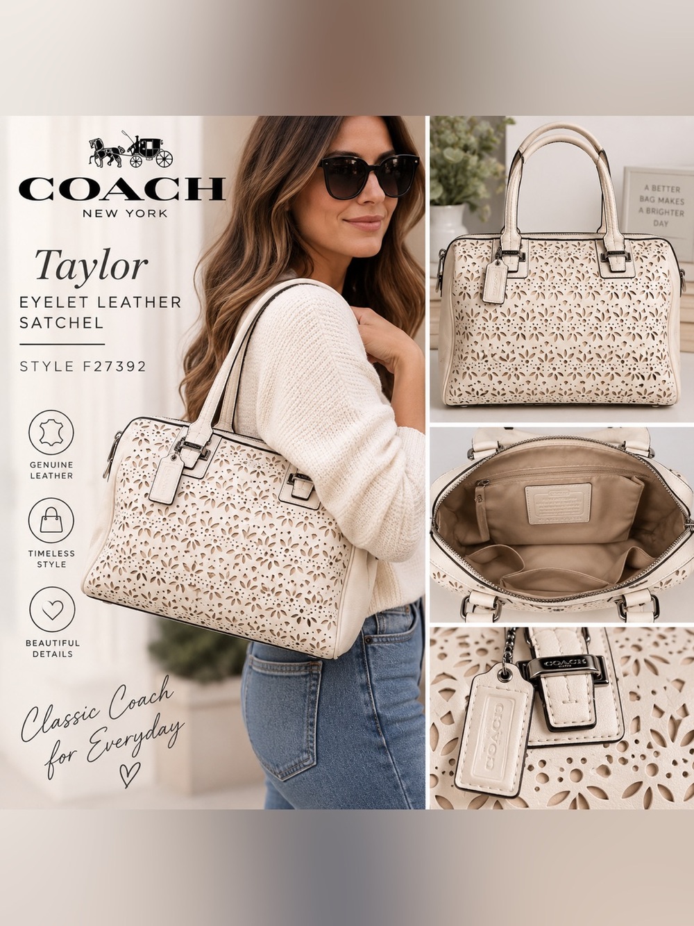 Coach Taylor Eyelet Leather Satchel F27392 Ivory